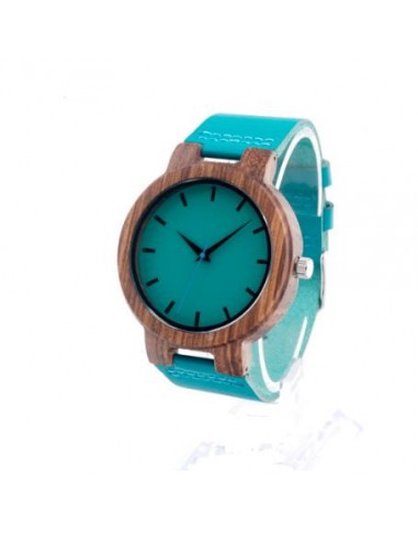 Montre à Quartz en bois de bambou & cuir bleu Fin de série