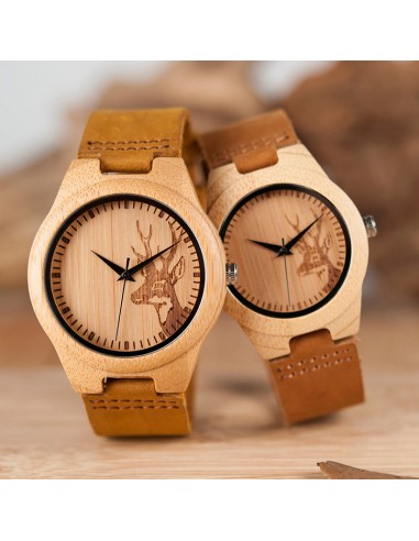 Montre à Quartz en bois de bambou "Force et majesté du cerf" - Modèle Homme & Modèle Femme français